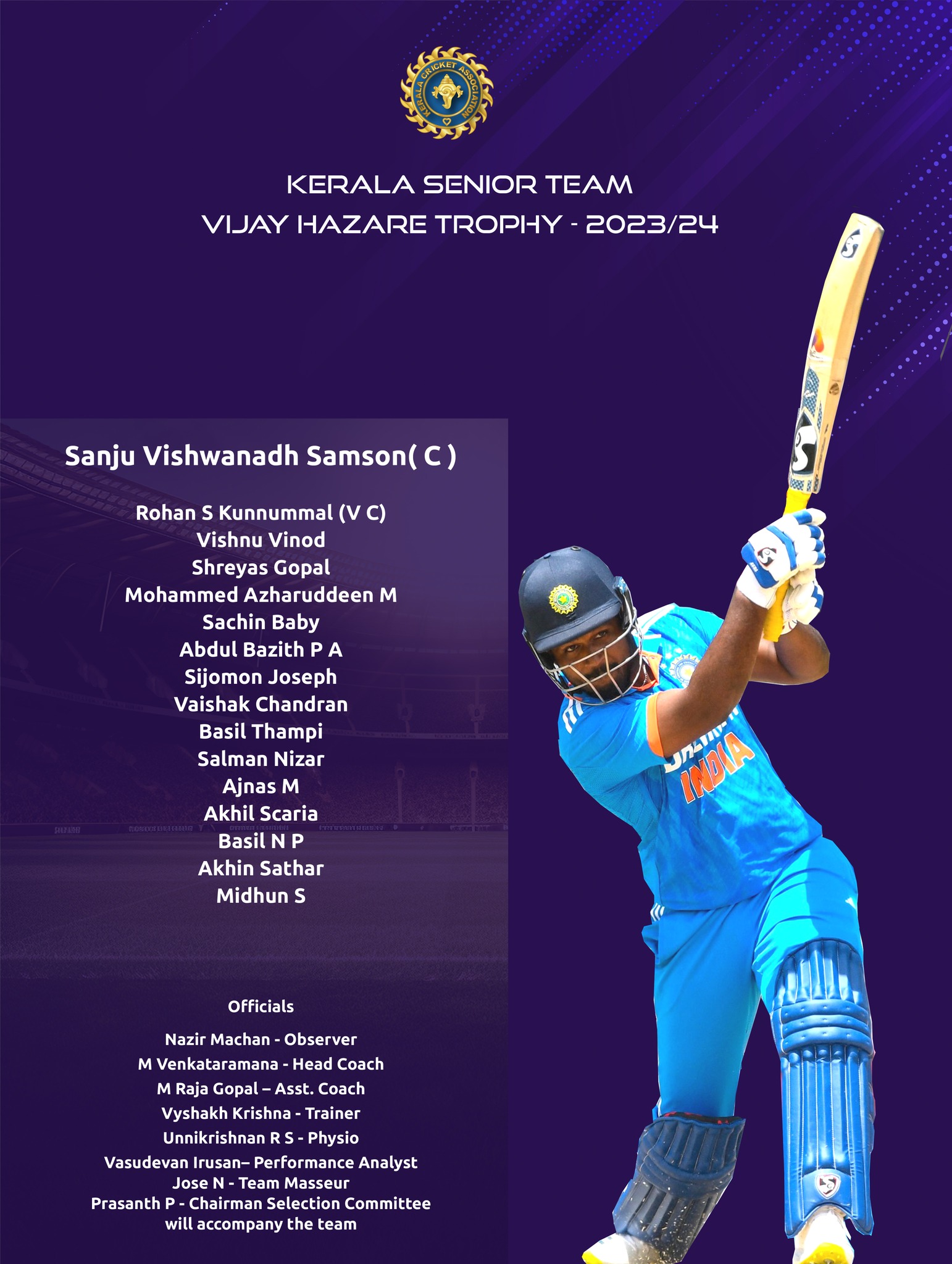 Kerala Senior Team Vijay Hazare Trophy 2023 24 Kerala Cricket